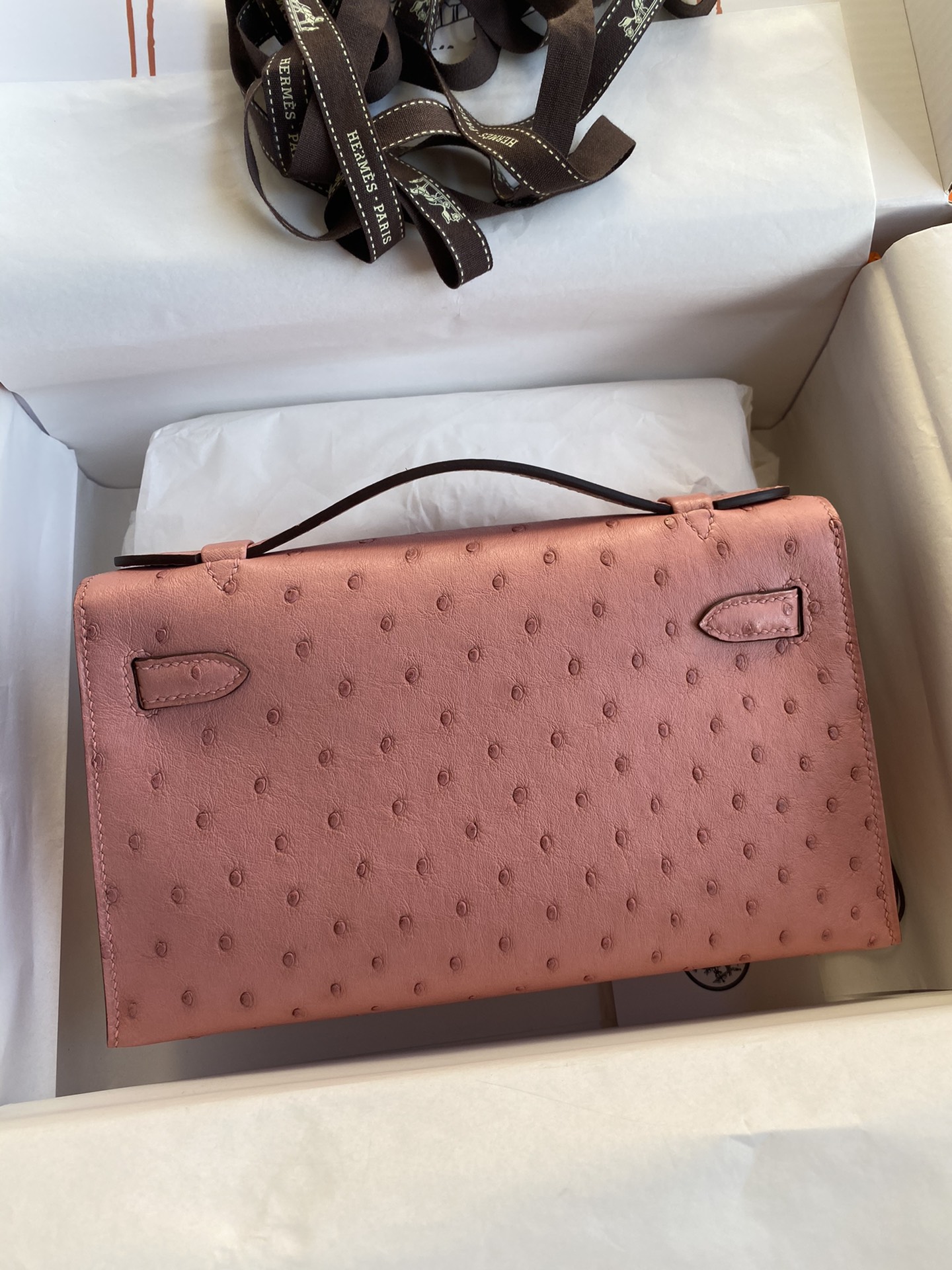 Hermes Mini Kelly Pochette 22cm Bag In Pink Ostrich Leather